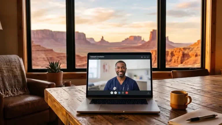 A high resolution, cinematic photograph of a clean, modern laptop resting on a rustic wooden table inside a cozy home. Through a large, clear window in the background, a breathtaking view of the Southwest desert landscape features red rock mesas and a vast, open sky during the golden hour. The laptop screen shows a professional, welcoming video call interface with a focused, compassionate healthcare provider. The lighting is warm and natural, creating a sense of peace, privacy, and immediate access to care.