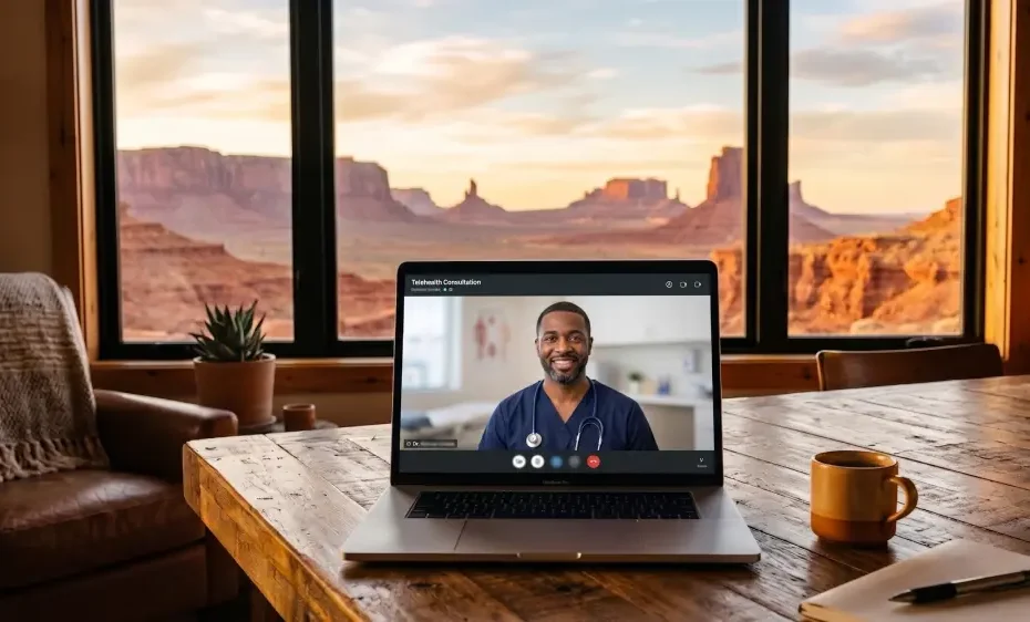 A high resolution, cinematic photograph of a clean, modern laptop resting on a rustic wooden table inside a cozy home. Through a large, clear window in the background, a breathtaking view of the Southwest desert landscape features red rock mesas and a vast, open sky during the golden hour. The laptop screen shows a professional, welcoming video call interface with a focused, compassionate healthcare provider. The lighting is warm and natural, creating a sense of peace, privacy, and immediate access to care.