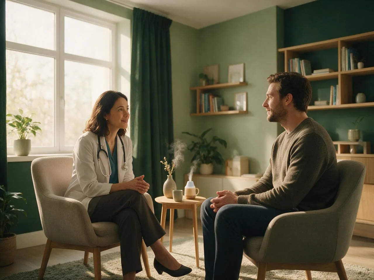 A Sound Minds provider listens closely to a patient in a calm, sage-green consultation room