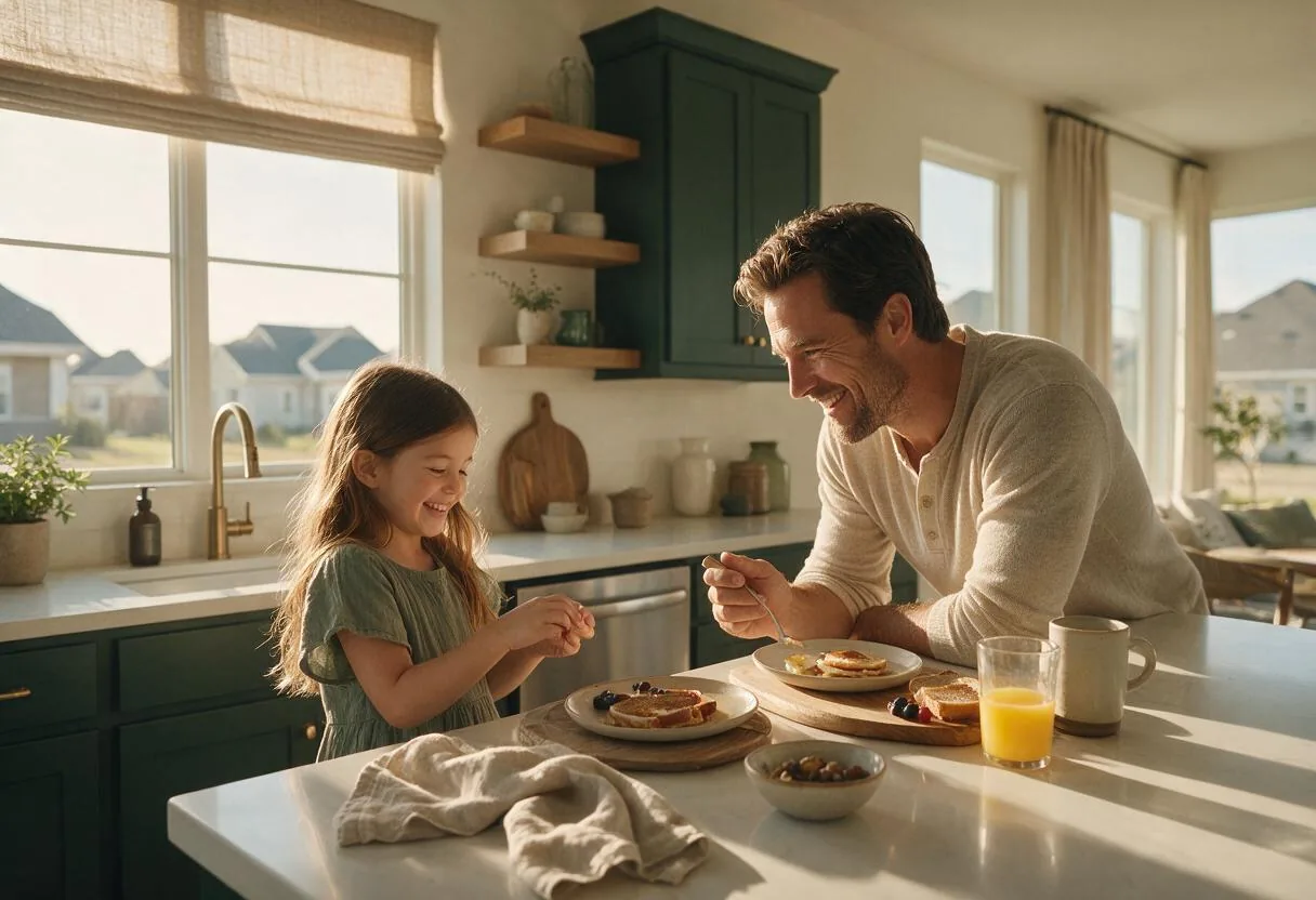 A father and daughter share a calm, unhurried breakfast in soft morning light — the steadiness North Fort Worth families rebuild with Sound Minds