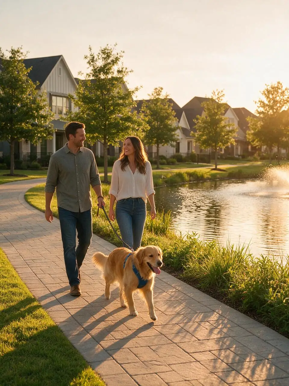 A couple walks their dog at golden hour along a greenbelt trail in a North Fort Worth neighborhood