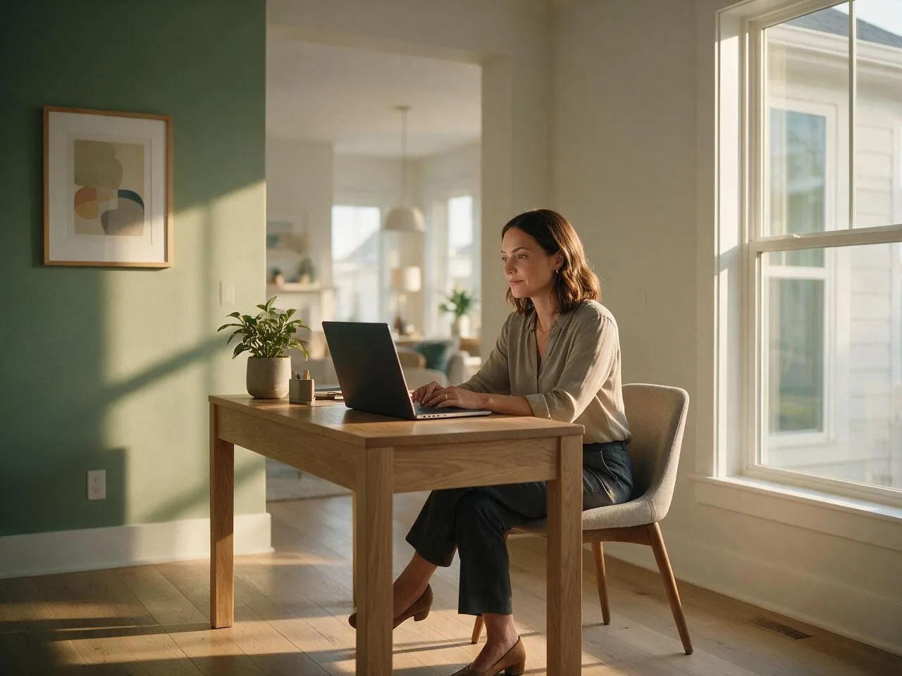 A woman attends a private telehealth psychiatry appointment from a bright home office nook