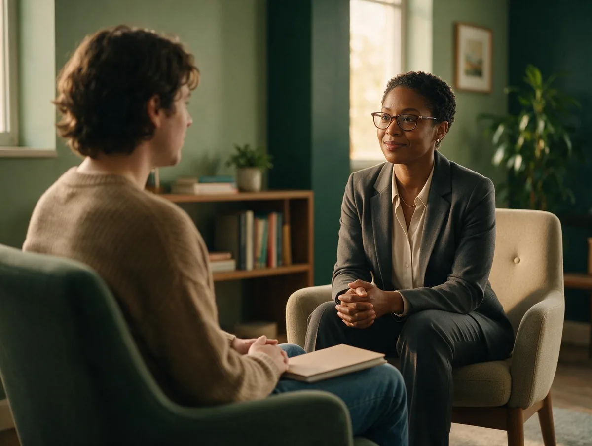 A psychiatric nurse practitioner listening attentively to a patient during a first evaluation in a calm consultation room