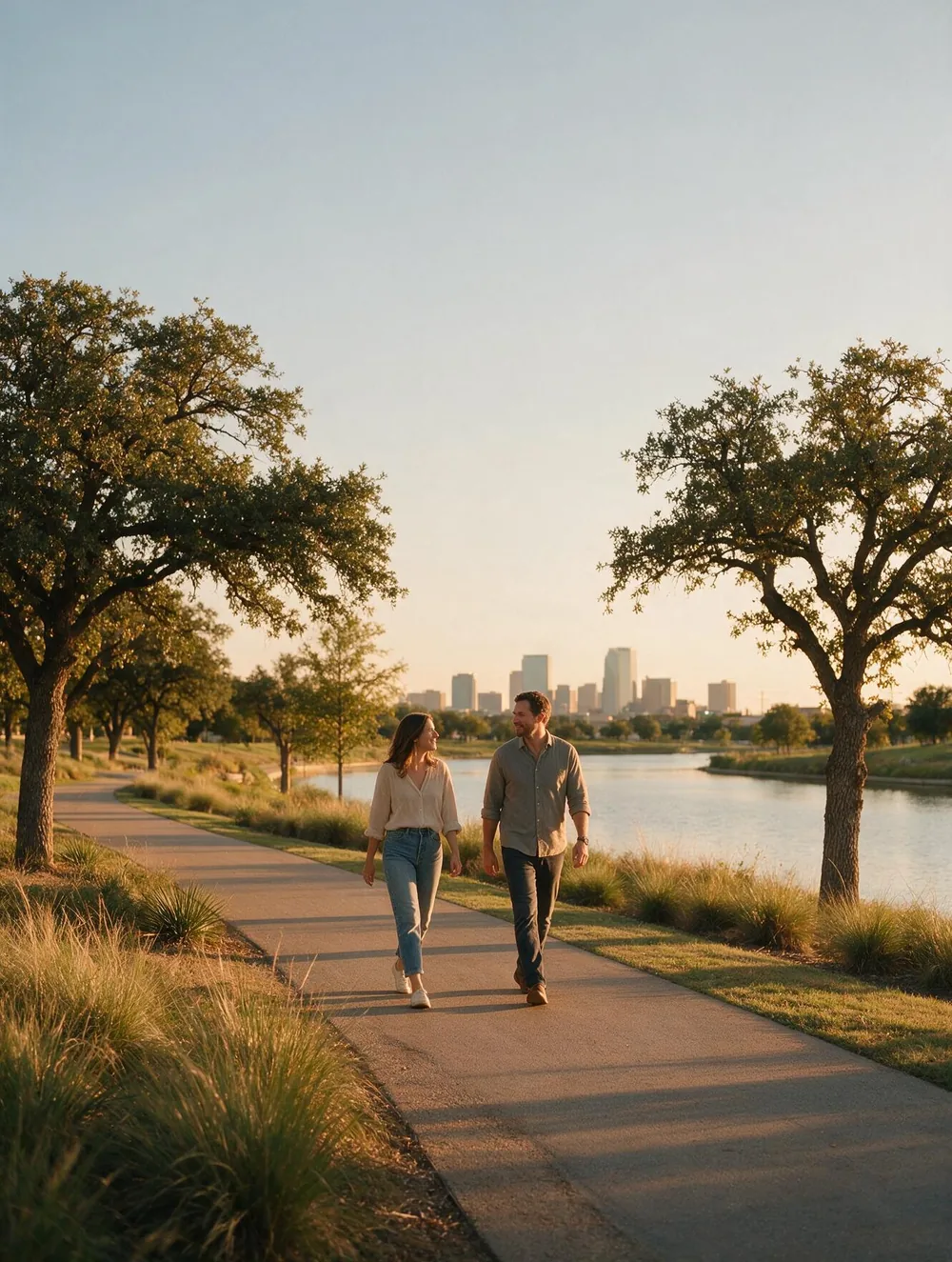 A couple walking a lakeside trail at golden hour with the North Texas skyline in the distance