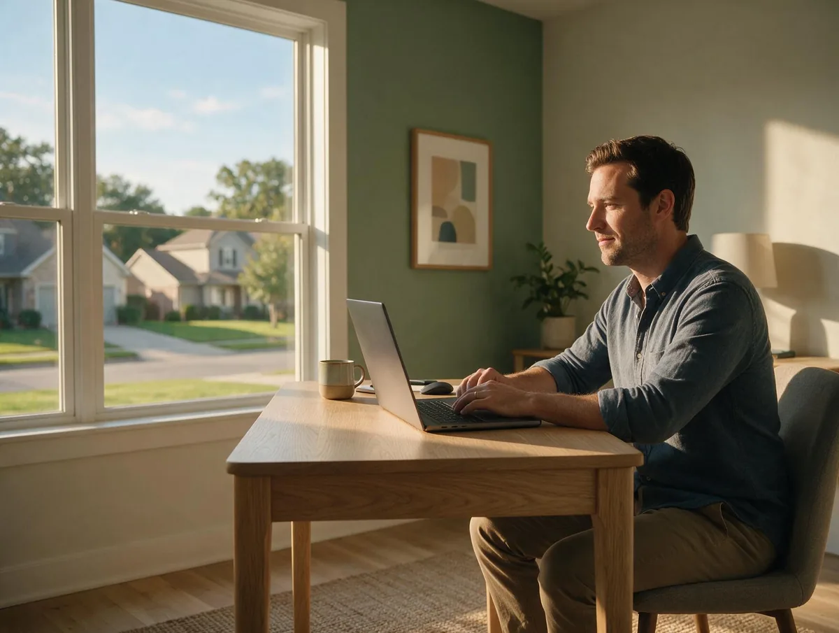 A man attending a private video psychiatry appointment from a bright home office in a Texas suburb