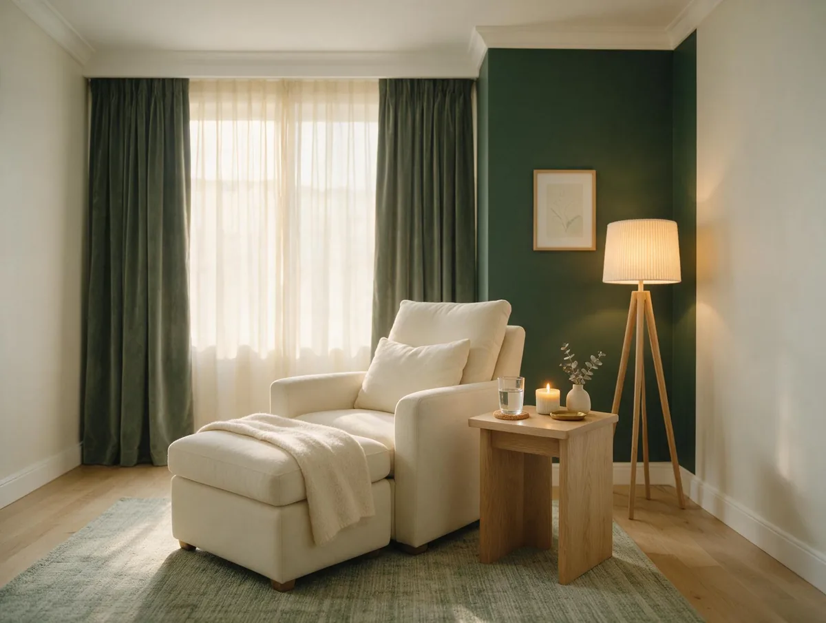A quiet private treatment and recovery suite with a comfortable reclining chair, soft lamp light and a deep green feature wall