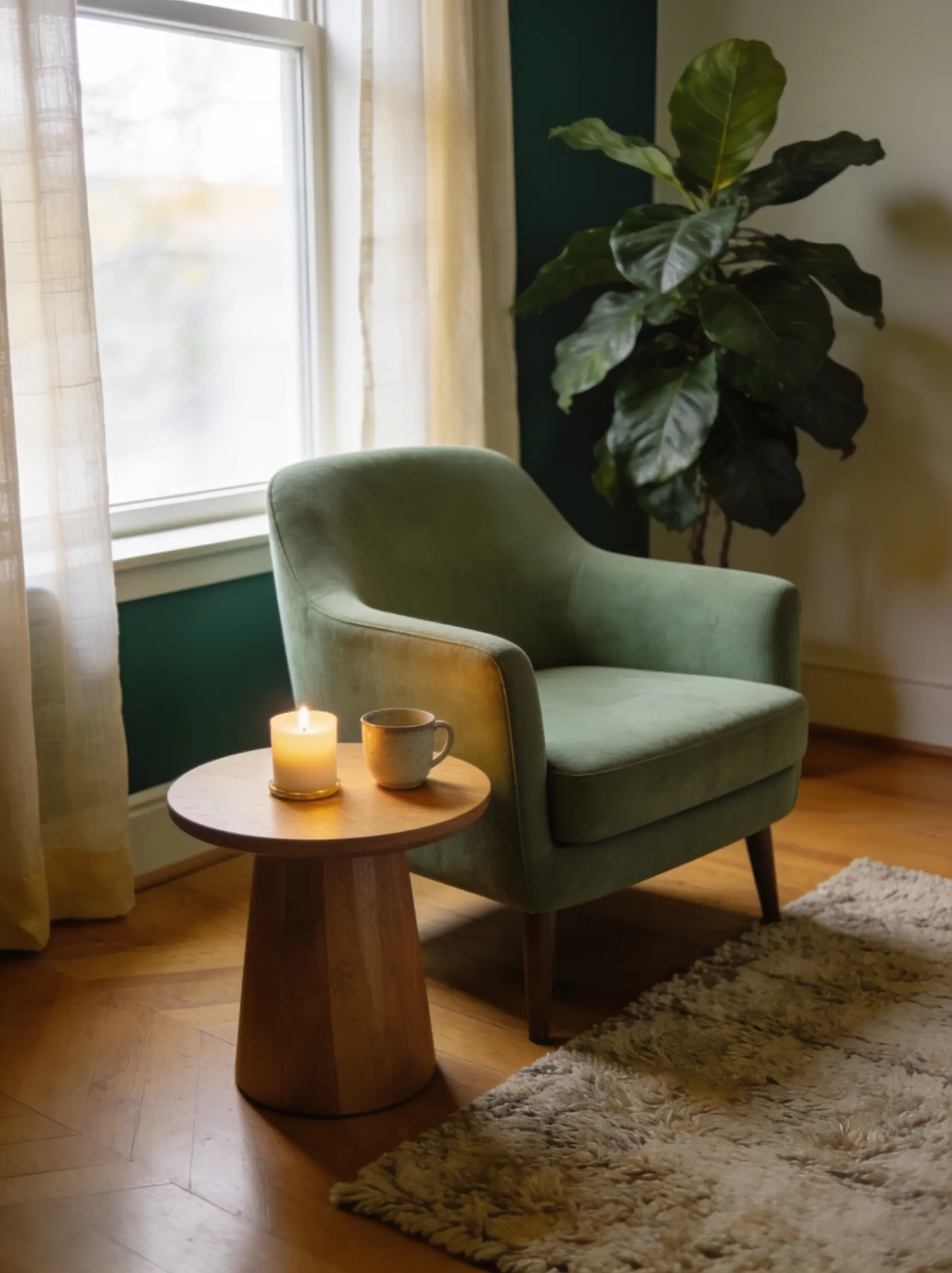 Calm, sunlit in-person psychiatry consultation room with a comfortable armchair and plants
