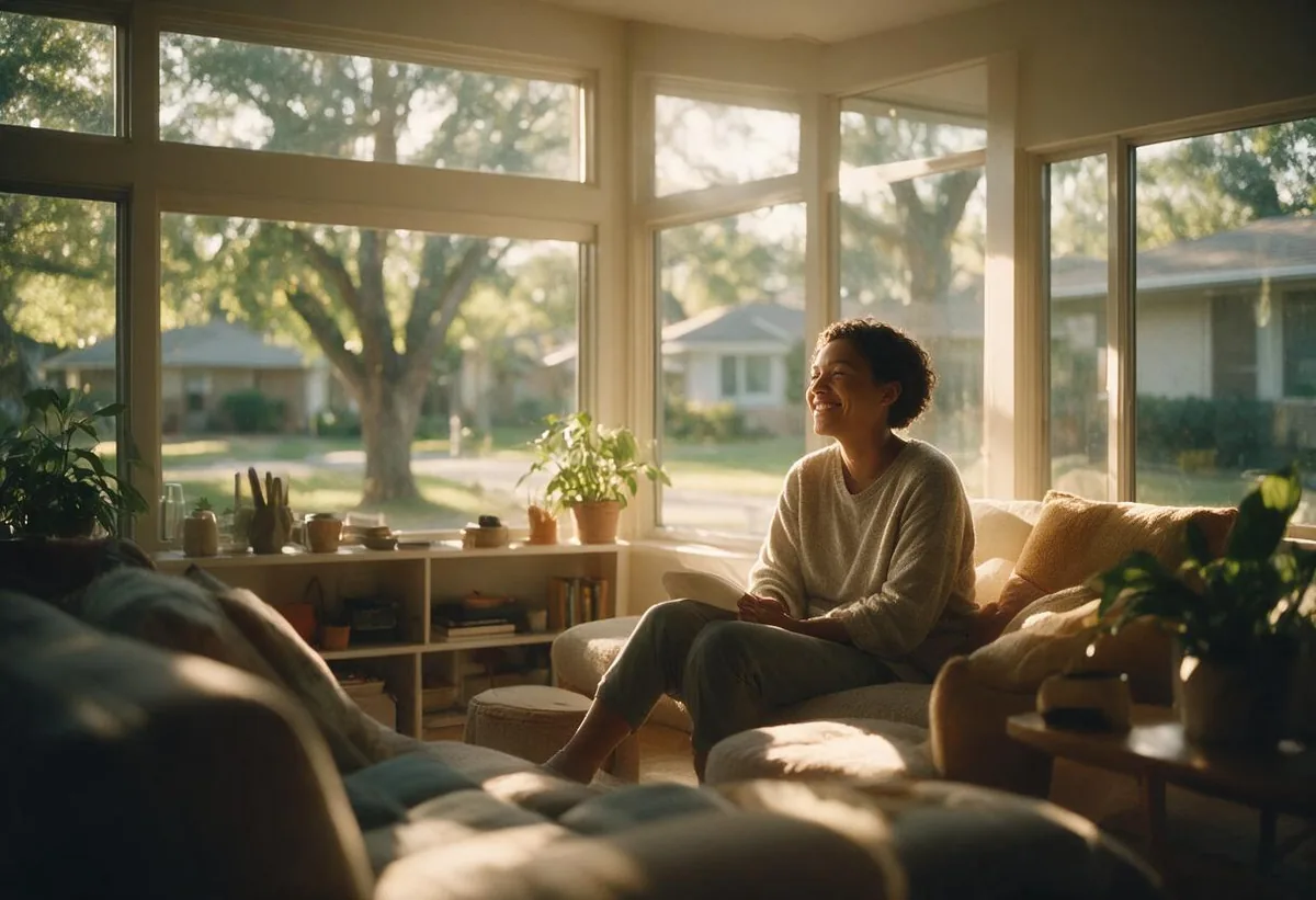 A woman sits in warm morning light in her Mansfield home, smiling as she looks out toward her neighborhood