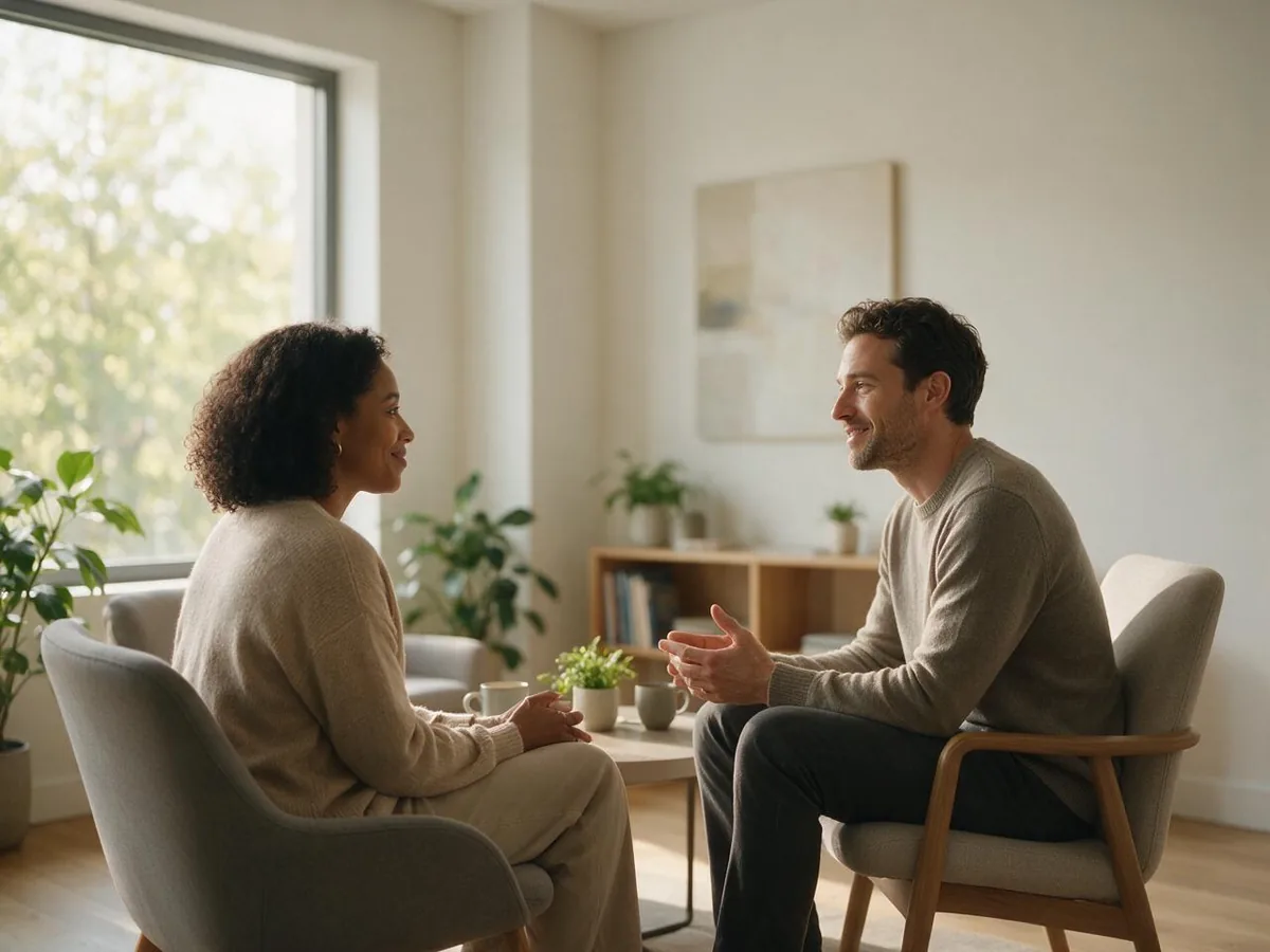 A calm, warmly lit room where a Mansfield patient talks through treatment with their psychiatric provider