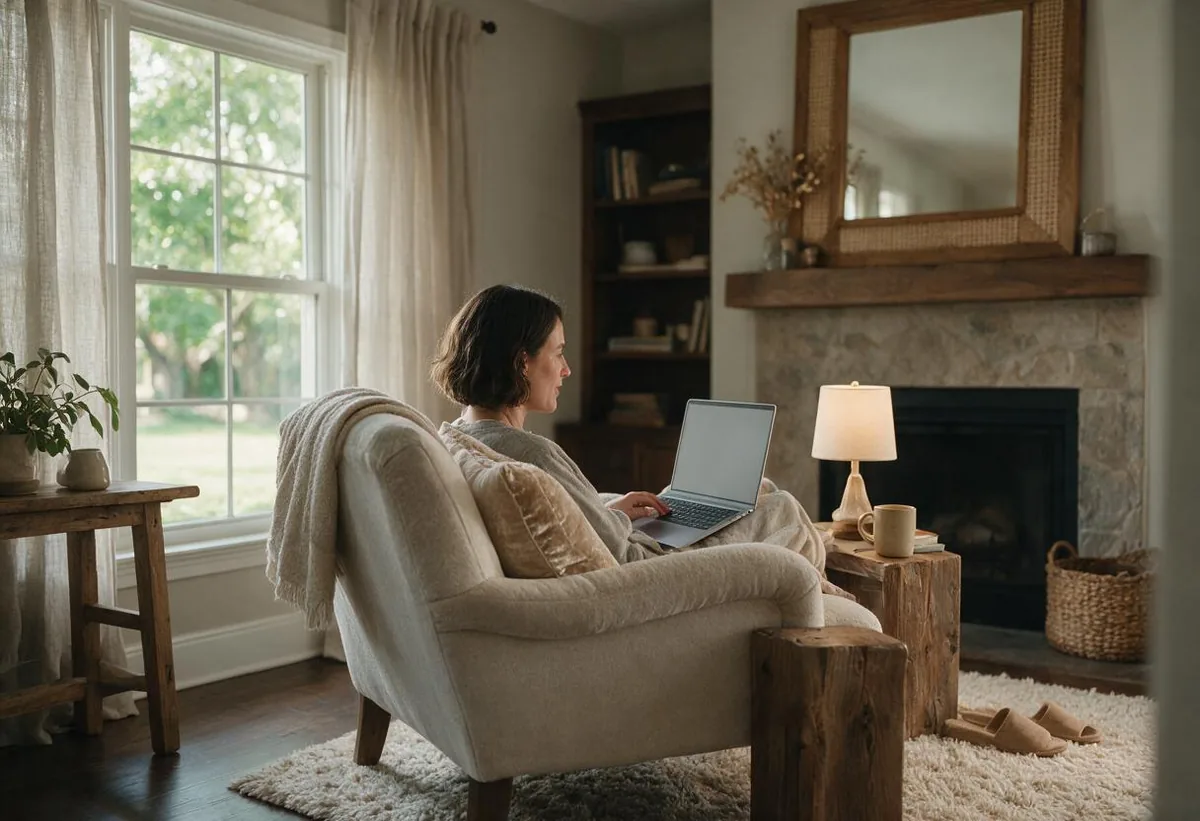 Mansfield patient attending a secure telehealth psychiatry appointment from a cozy room at home