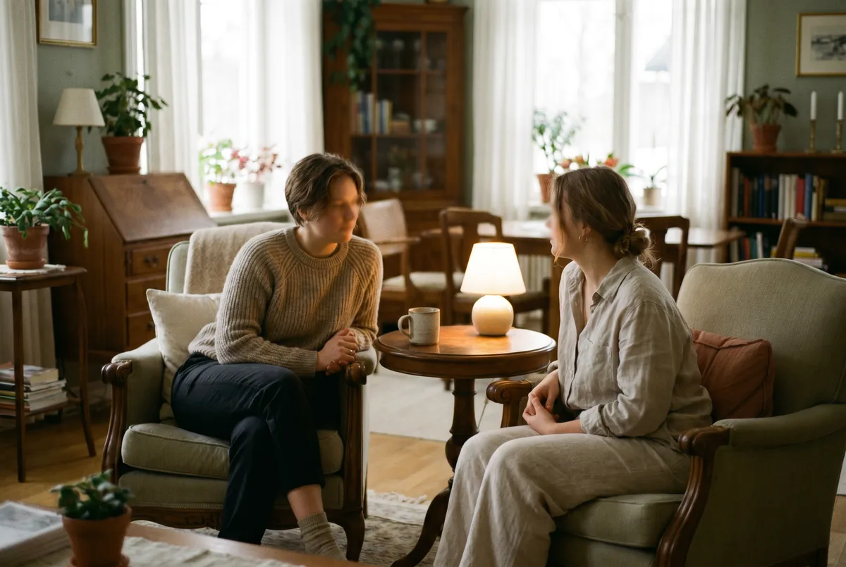 A calm, warmly lit room where a Richardson patient talks through treatment with their psychiatric provider