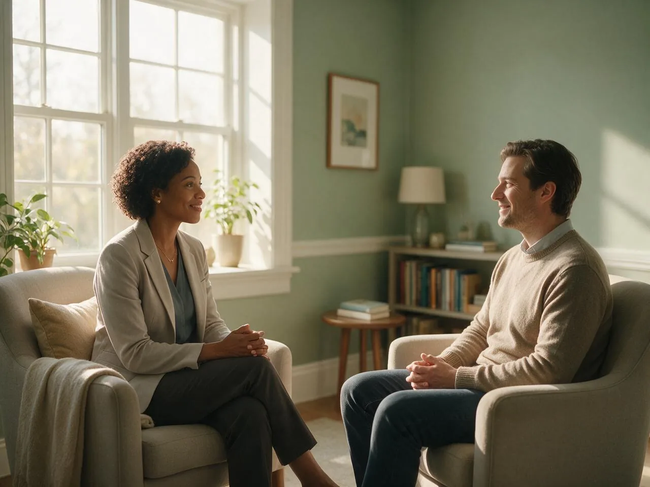 A Sound Minds provider listens attentively to a patient in a calm, refined consultation room