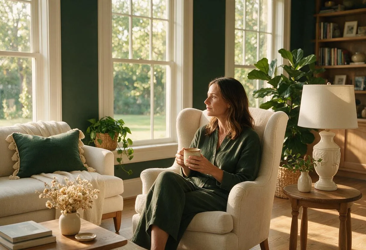 A woman enjoys a calm, unhurried morning at home in soft golden light — the steadiness Southlake patients rebuild with Sound Minds