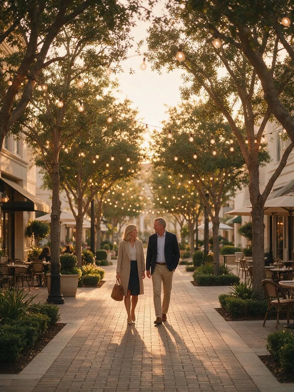 A couple enjoys a relaxed golden-hour walk along a tree-lined town square promenade
