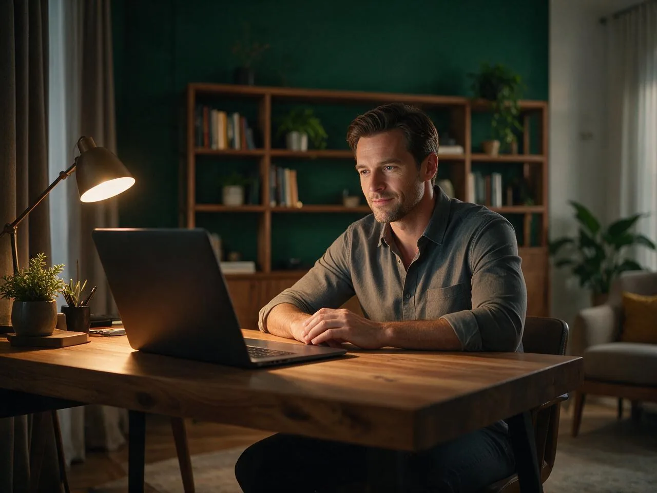 A professional attends a private telehealth psychiatry appointment from his elegant home office in the evening