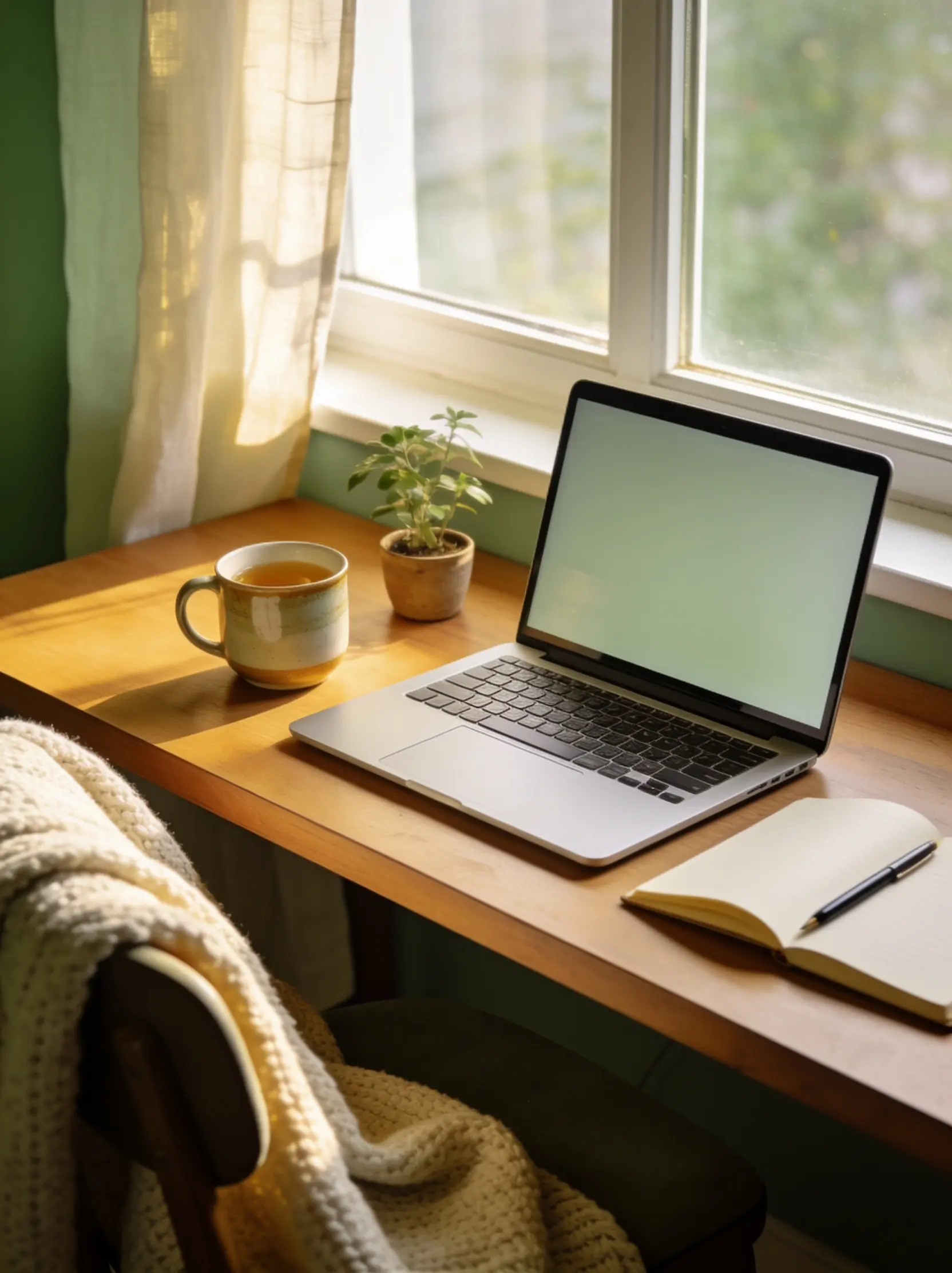 Comfortable at-home setup for a secure telehealth psychiatry visit by a sunlit window