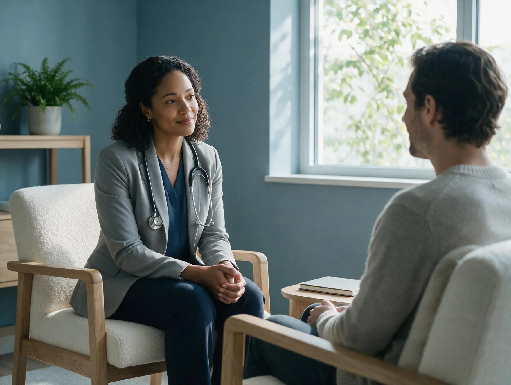 A psychiatric nurse practitioner listening to a patient during an unhurried first evaluation in a calm consultation room with soft morning light