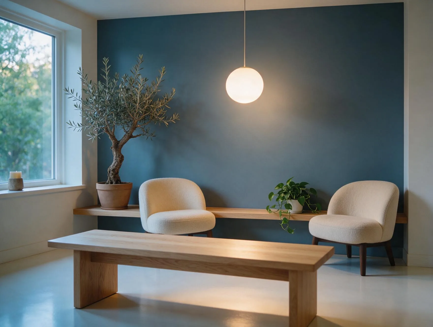 A calm, welcoming clinic reception area with oak furniture, plants and soft morning light