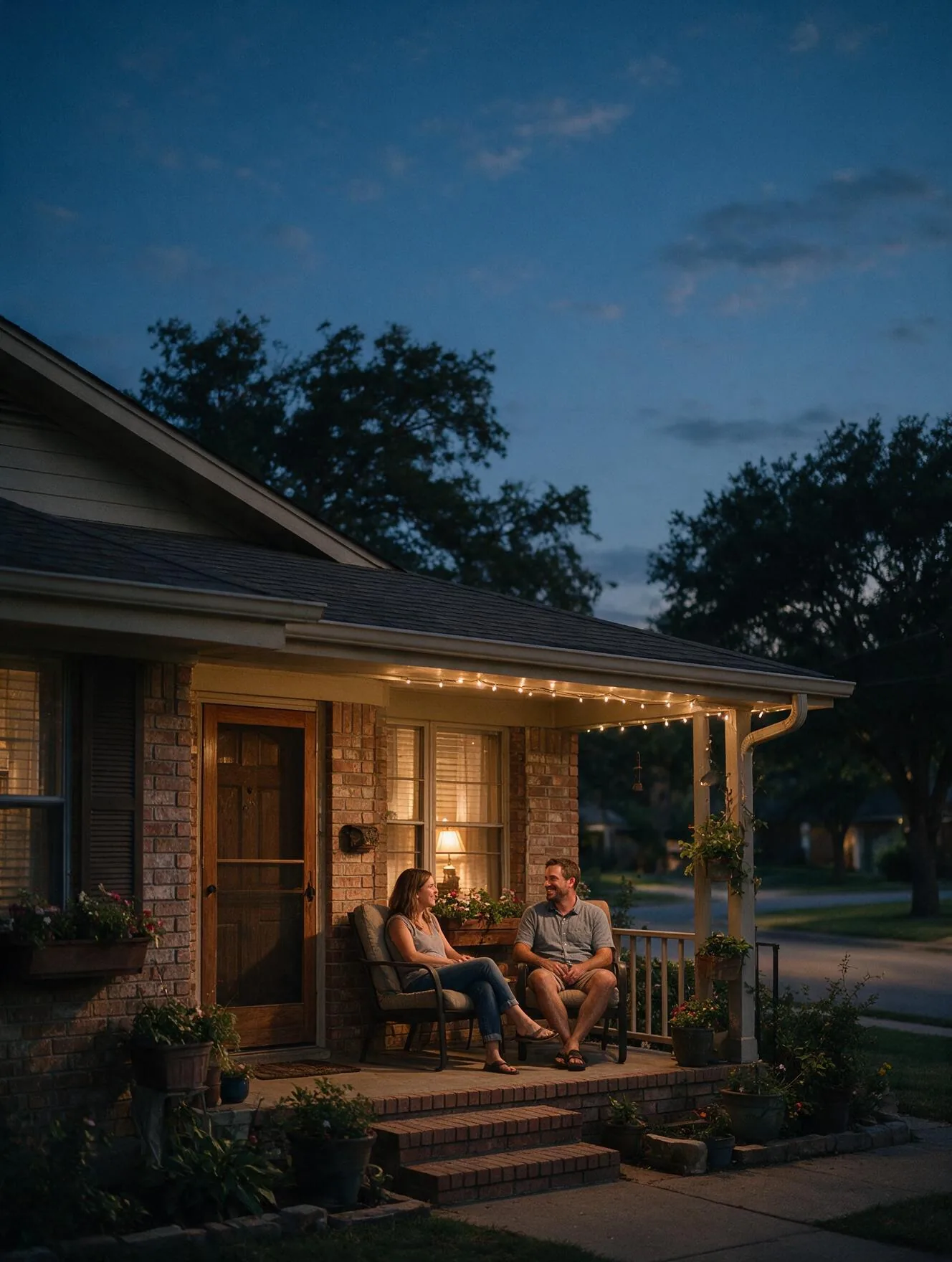 A couple in relaxed conversation on the front porch of a brick North Texas home at dusk, warm lamp glow from the window