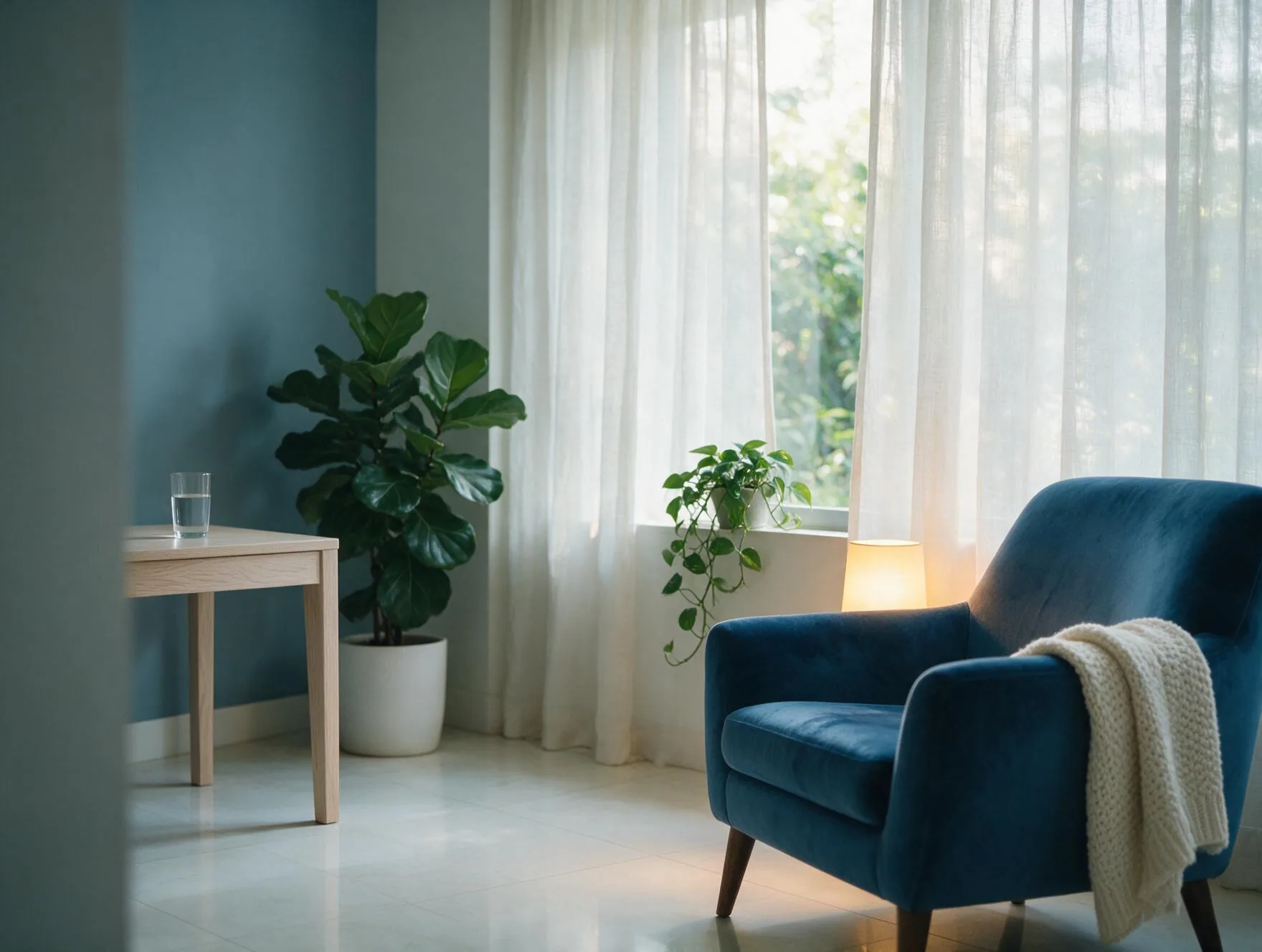 A quiet private treatment room with a comfortable armchair, plants and soft light through sheer curtains