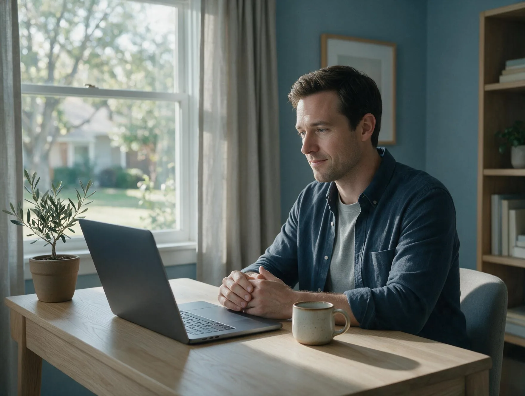 A man attending a private video psychiatry appointment from a tidy home study in a suburban Texas house