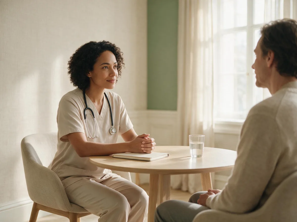A psychiatric nurse practitioner listens to a patient across a small round pale-oak table in a bright consultation room