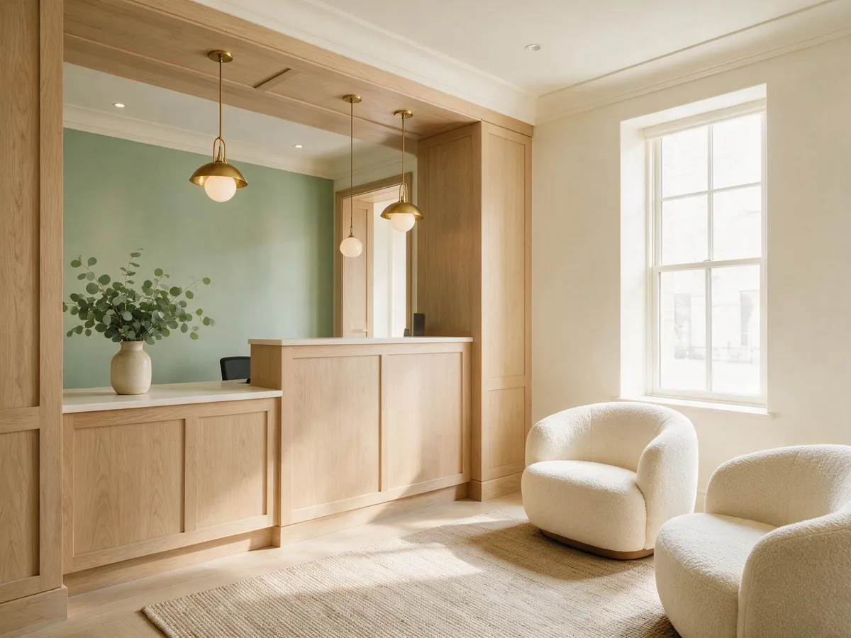 A calm clinic reception and waiting area with pale oak millwork, cream boucle chairs and brass pendant lights
