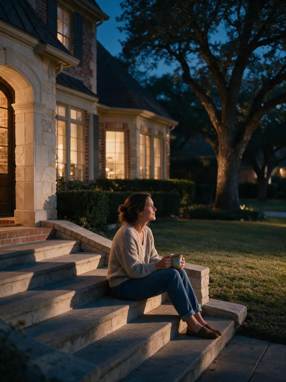 A woman sits on the front steps of a warmly lit Colleyville home at dusk, holding a mug, shoulders relaxed