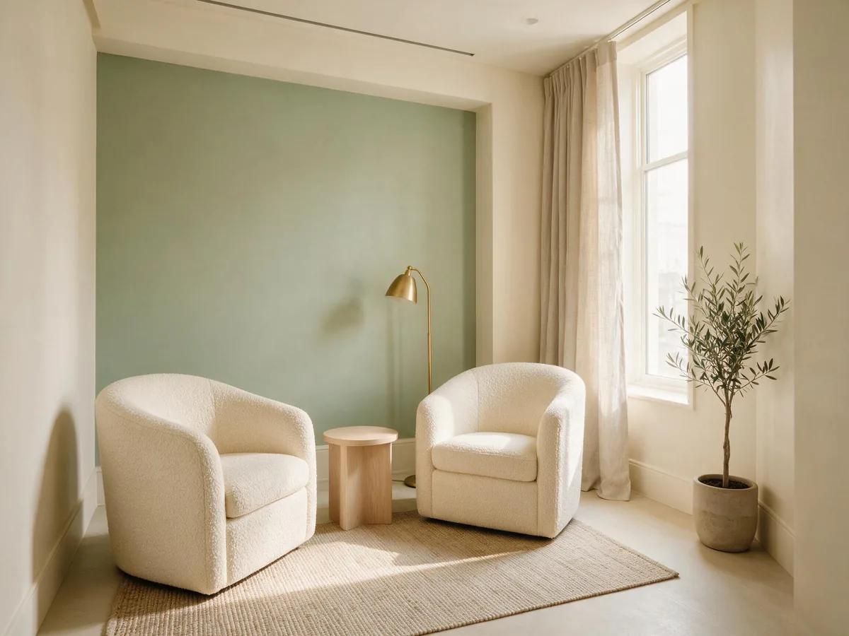 A calm, empty consultation room with two cream armchairs, a sage-green wall, a brass floor lamp and an olive tree