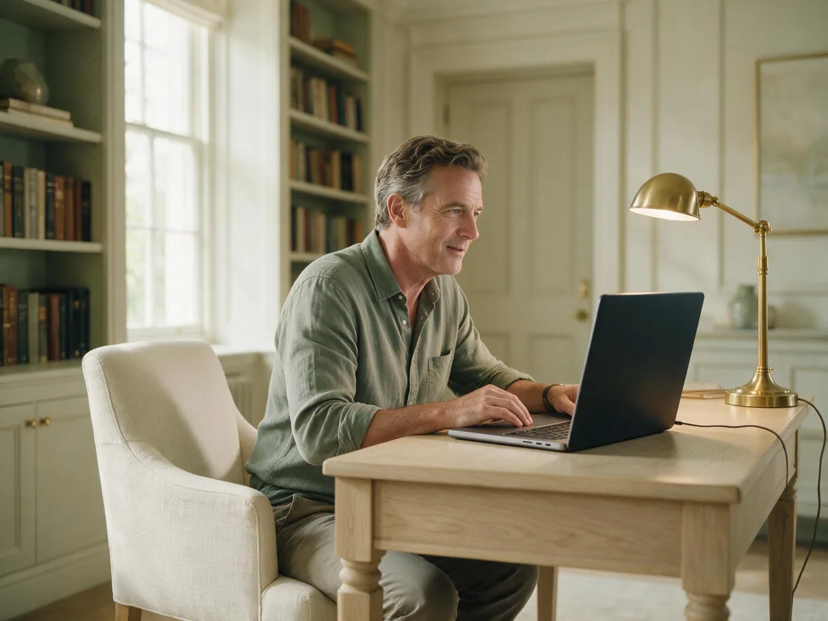 A man attends a private video psychiatry appointment from a quiet home study, the laptop screen angled away