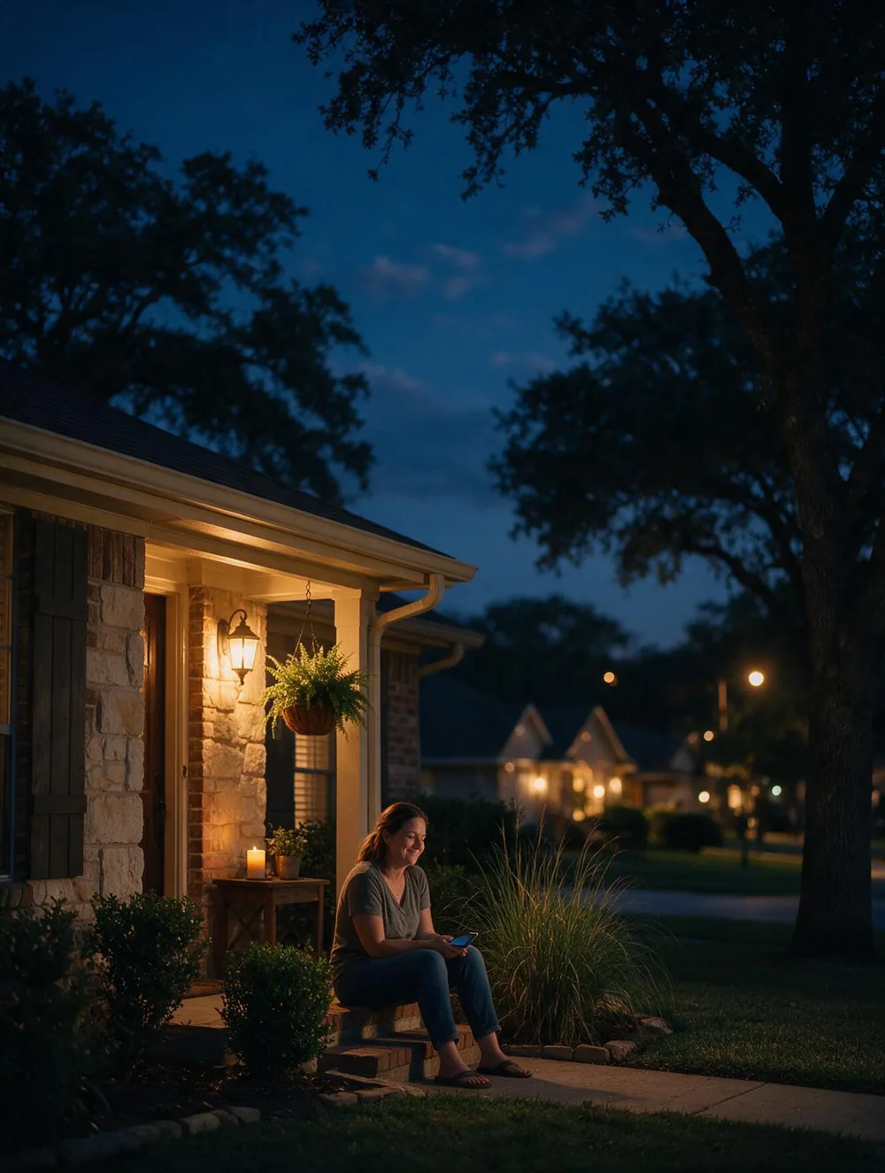 A woman sits on the front steps of a warmly lit North Texas home at dusk, relaxed
