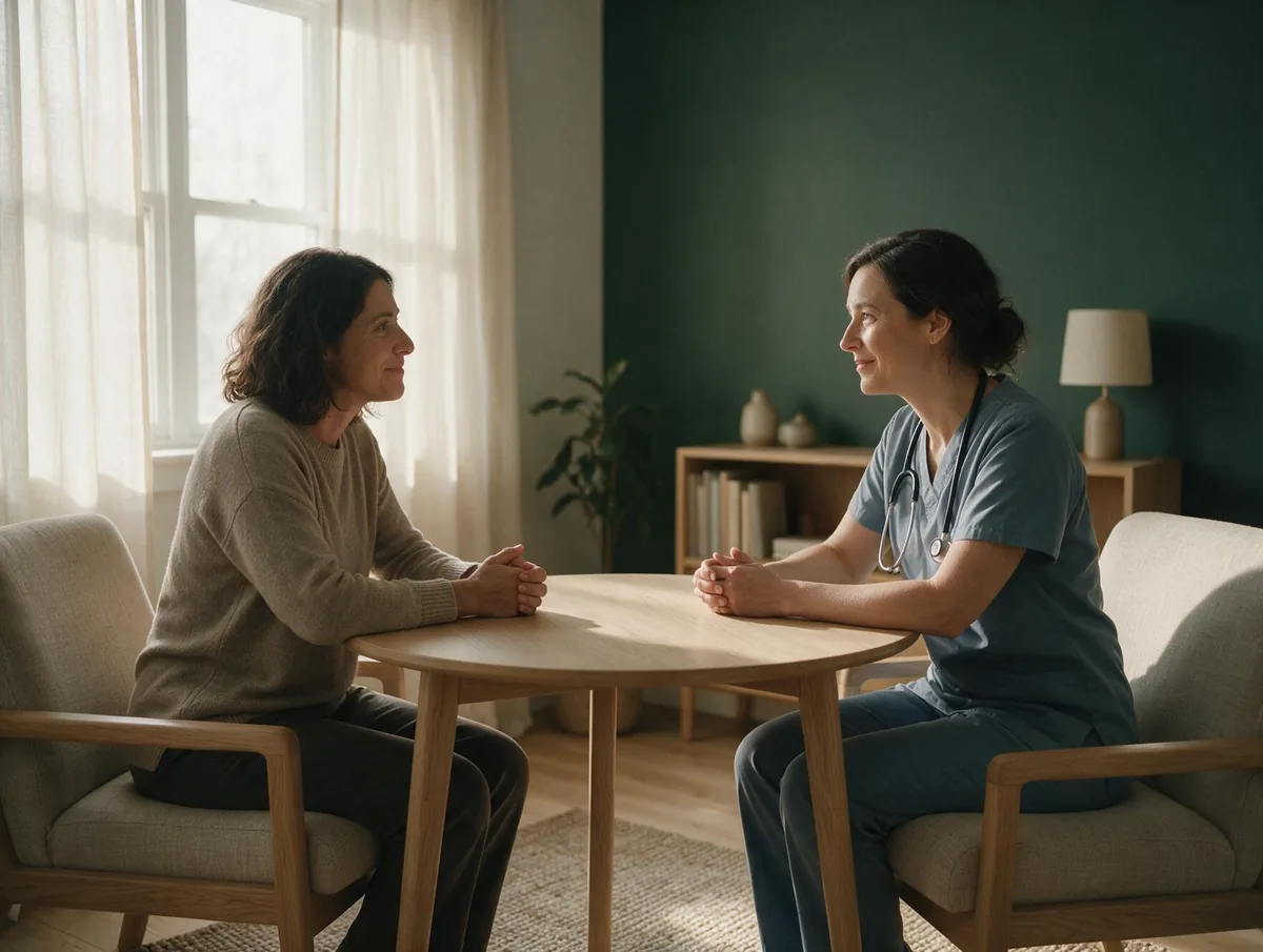 A psychiatric nurse practitioner listens to a patient across a small table in a calm consultation room