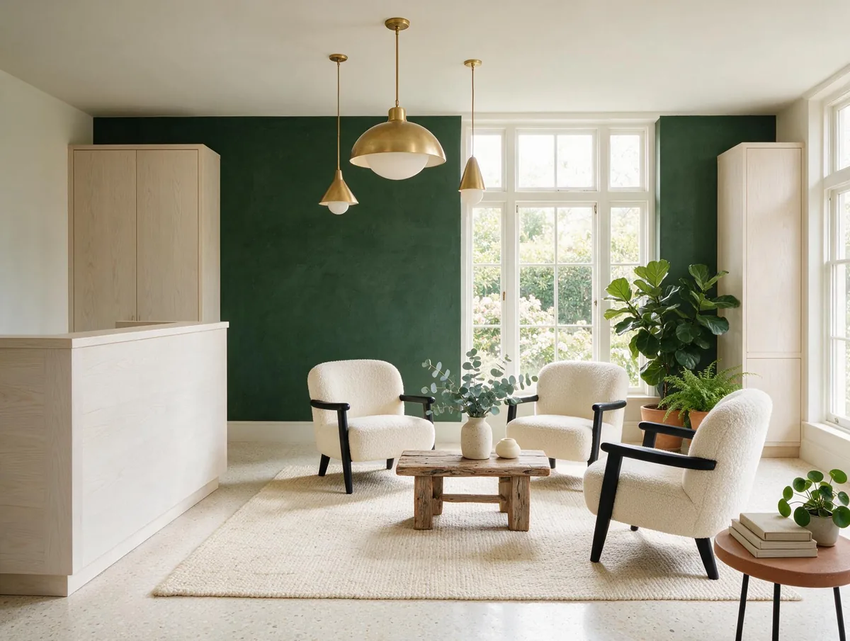 A calm clinic reception and waiting area with pale oak, cream chairs, plants and a deep green wall