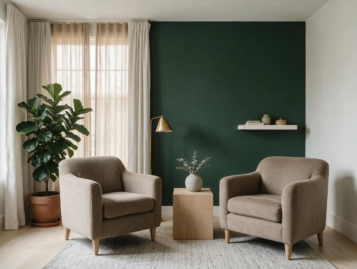 A calm, empty consultation room with two linen armchairs, a brass lamp and a deep green feature wall