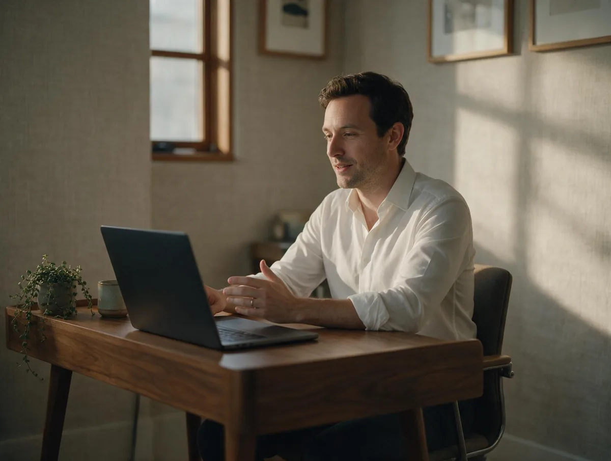 A man in a shirt on a private video psychiatry appointment from a tidy home study