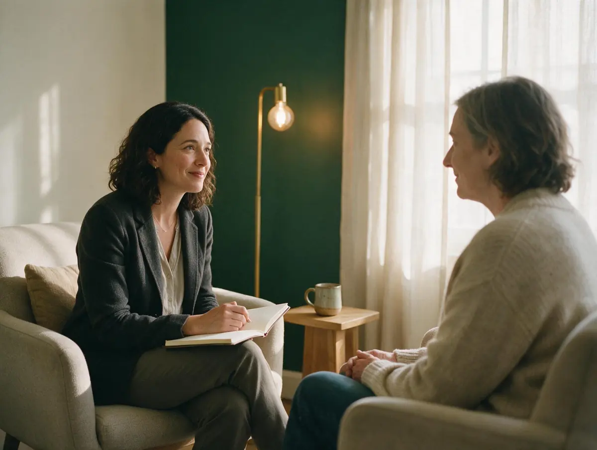 A psychiatric nurse practitioner sits in an armchair with an open notebook on her knee, listening to a patient in a facing chair, with no desk between them