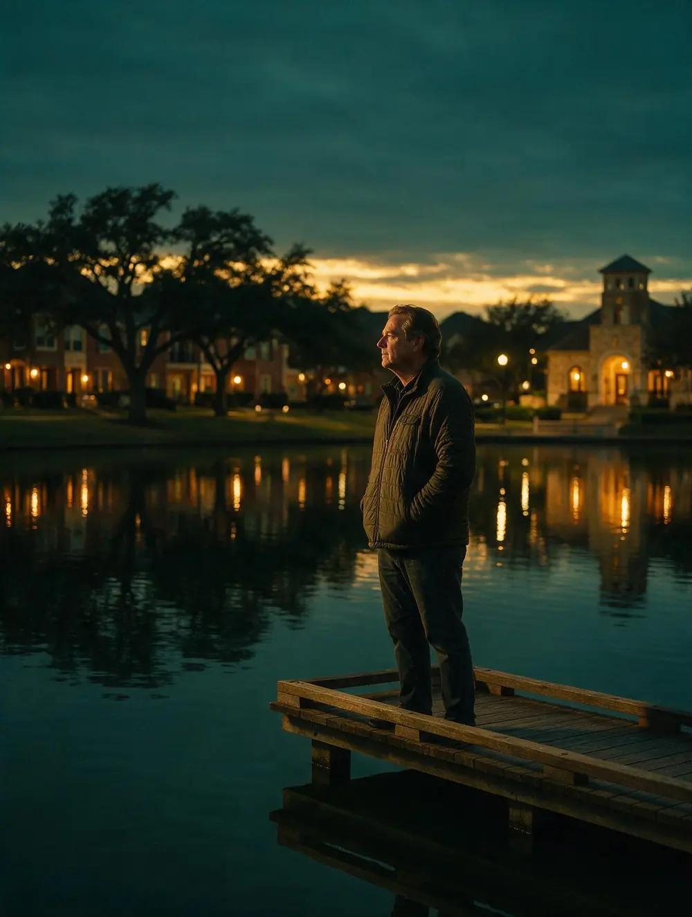 A man stands at the end of a wooden lake pier at dusk in North Richland Hills, with the warm lights of the town reflected on the water behind him