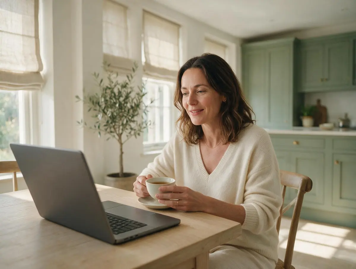 A woman takes a private psychiatry video appointment at her kitchen table, the laptop angled away so the screen is not visible