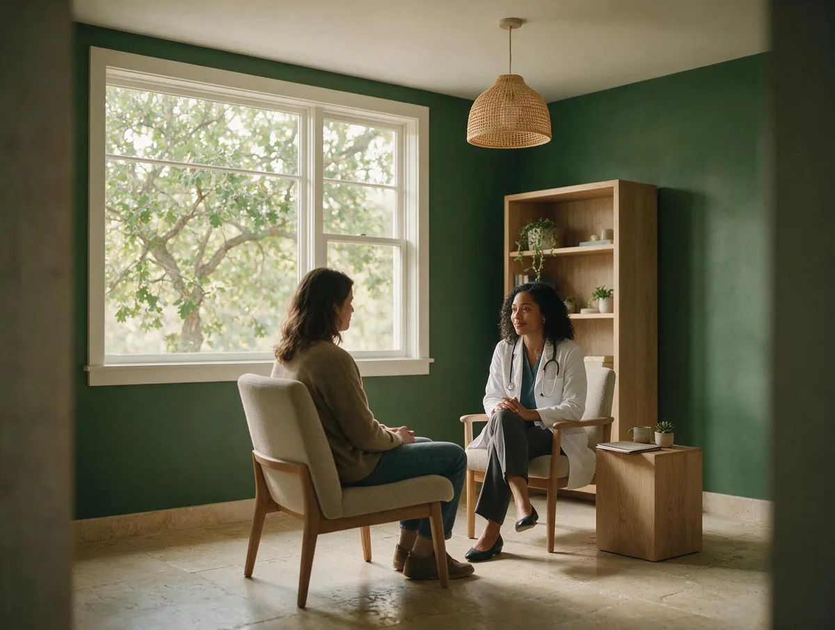 A psychiatric nurse practitioner listening to a patient during an unhurried first evaluation in a calm, plant-filled consultation room