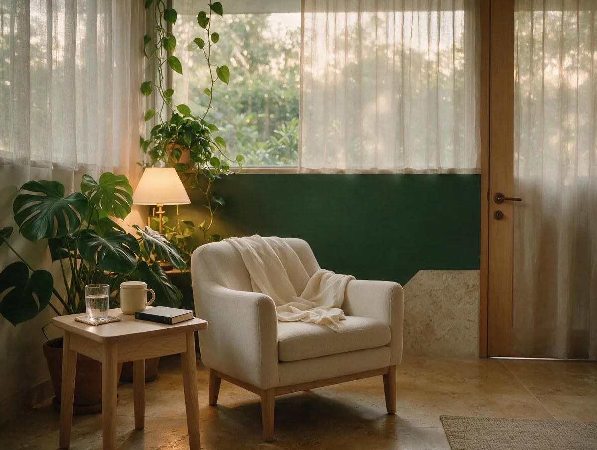 A quiet private treatment room with a soft armchair, warm lamp light and large green plants beside a garden window