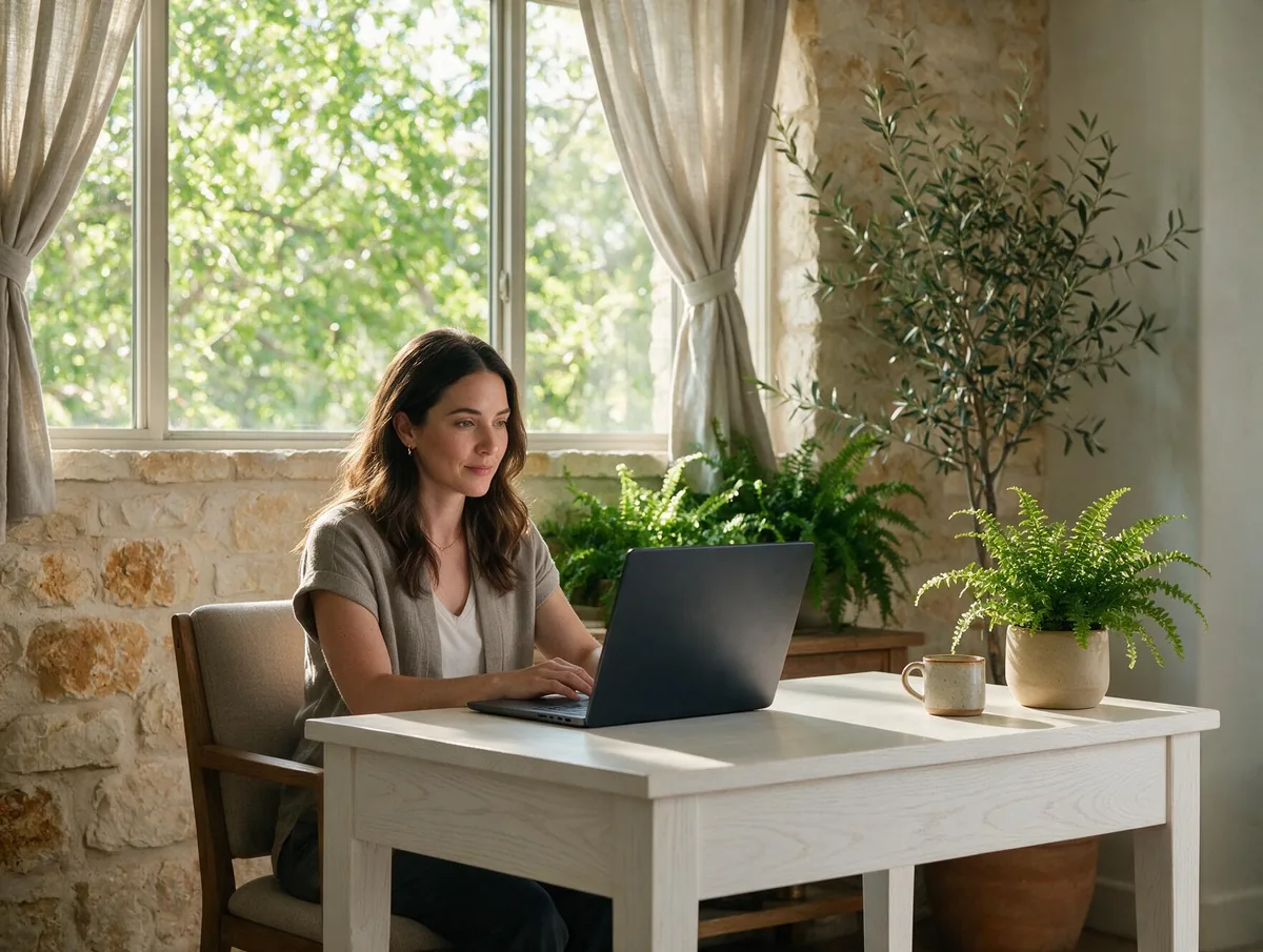 A woman attending a private video psychiatry appointment from a bright home study surrounded by plants and limestone walls