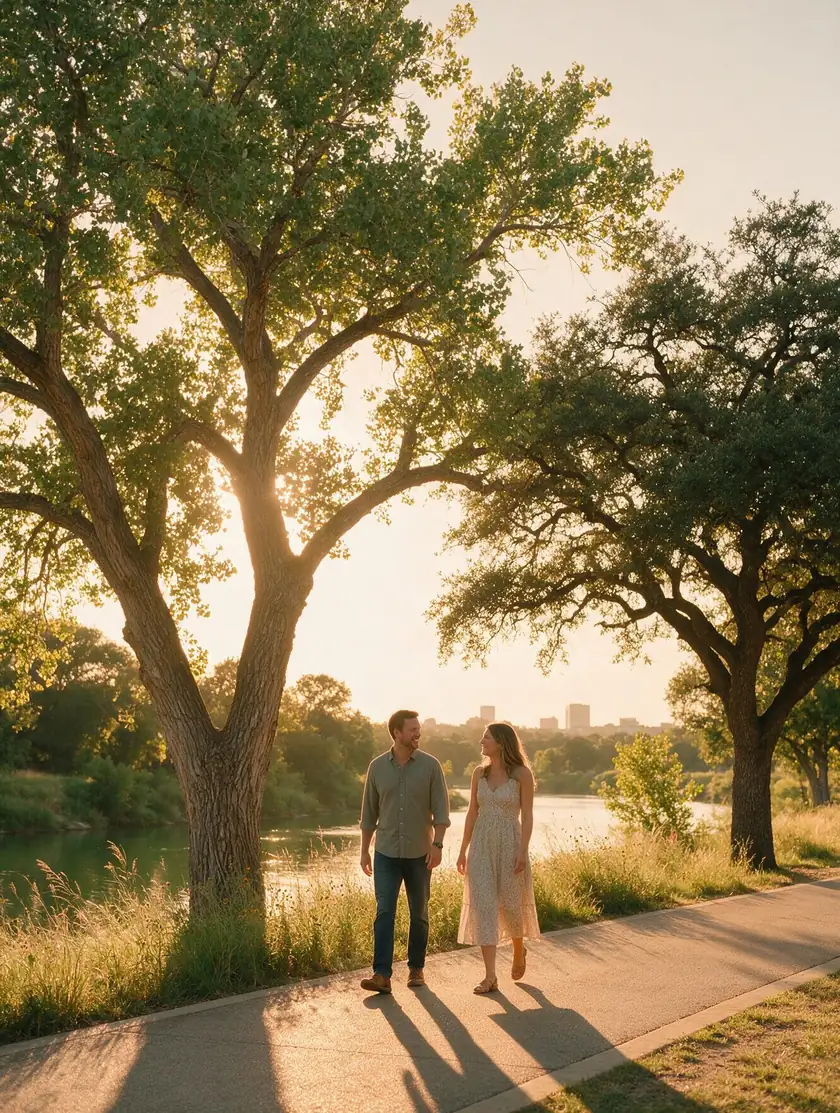 A couple walking a riverside trail lined with mature trees at golden hour, with a small city skyline in the distance