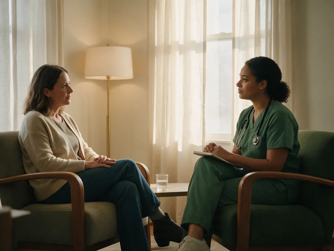 A patient and a psychiatric nurse practitioner talking in facing armchairs, notebook on one knee, no desk between them