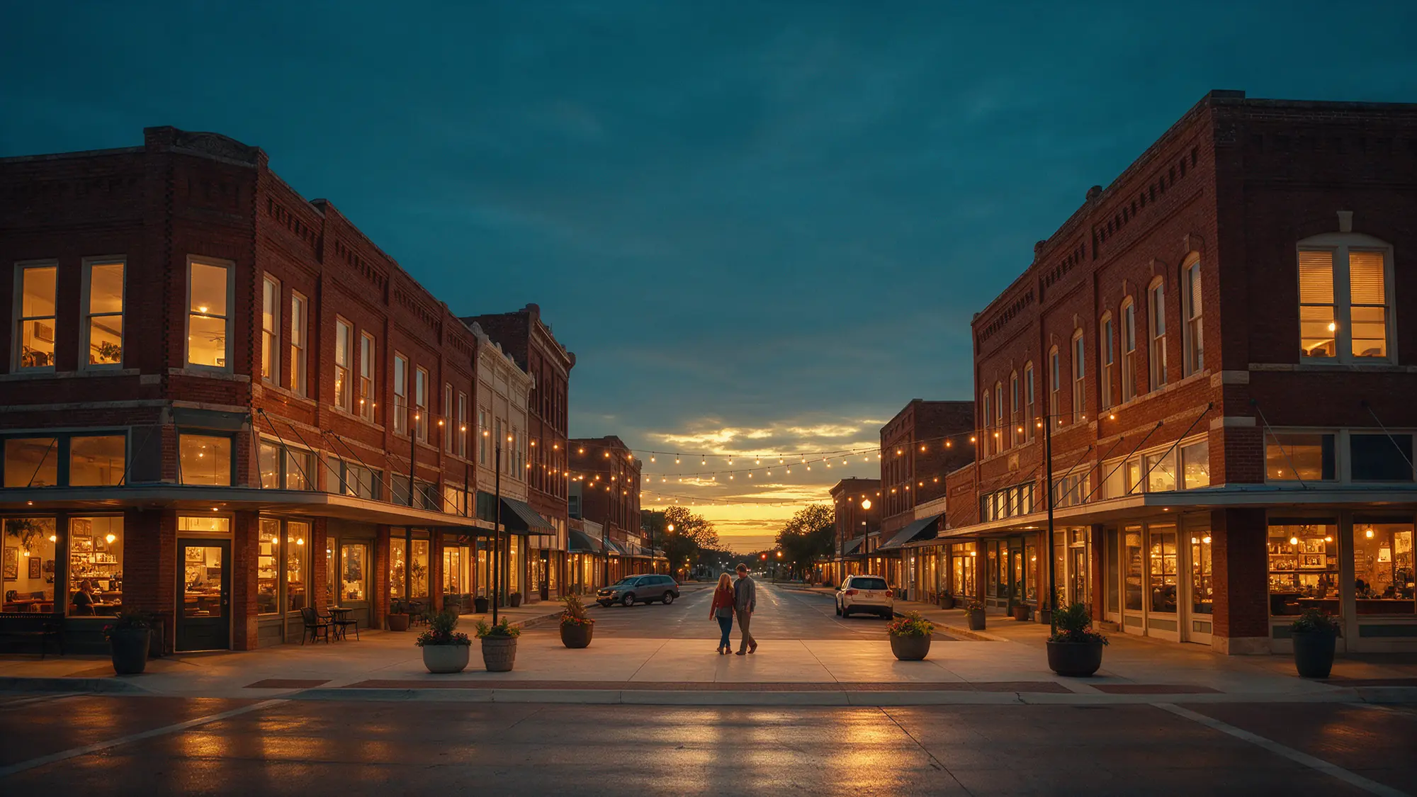 Historic brick storefronts and string lights on a small-town Texas main street at dusk