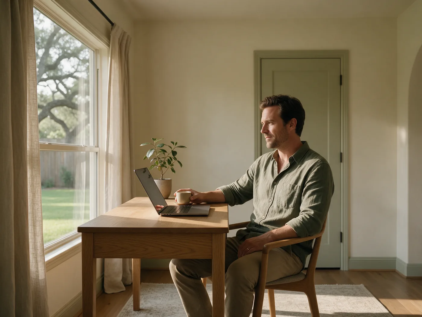 A man taking a private psychiatry video appointment at a sunlit desk at home, laptop angled away from the camera