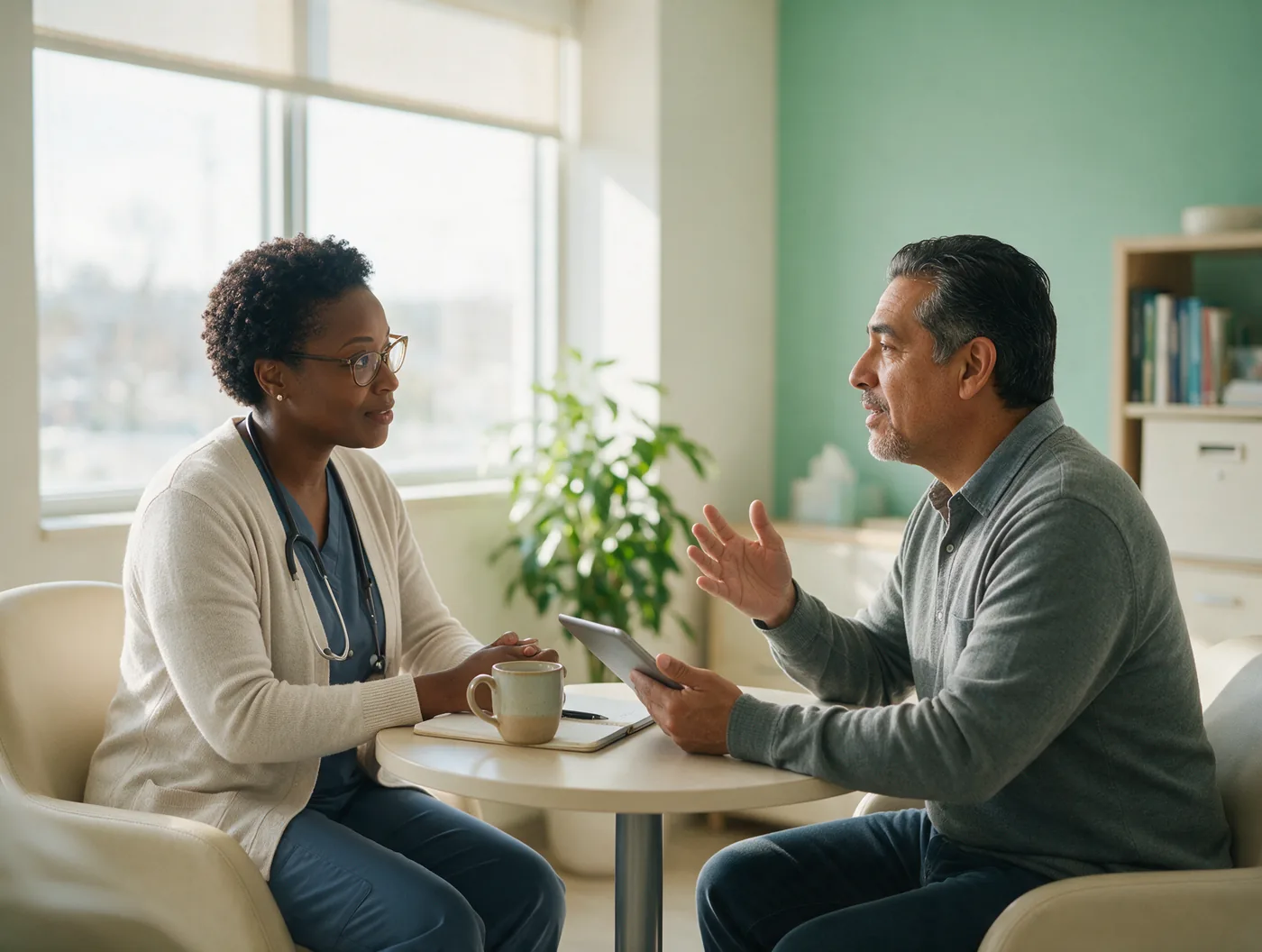 A psychiatric nurse practitioner holding a tablet listens to a patient across a small table