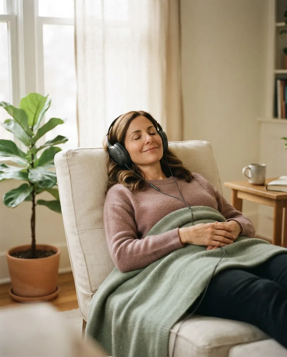 A woman resting with her eyes closed in a recliner, wearing headphones, a blanket over her lap
