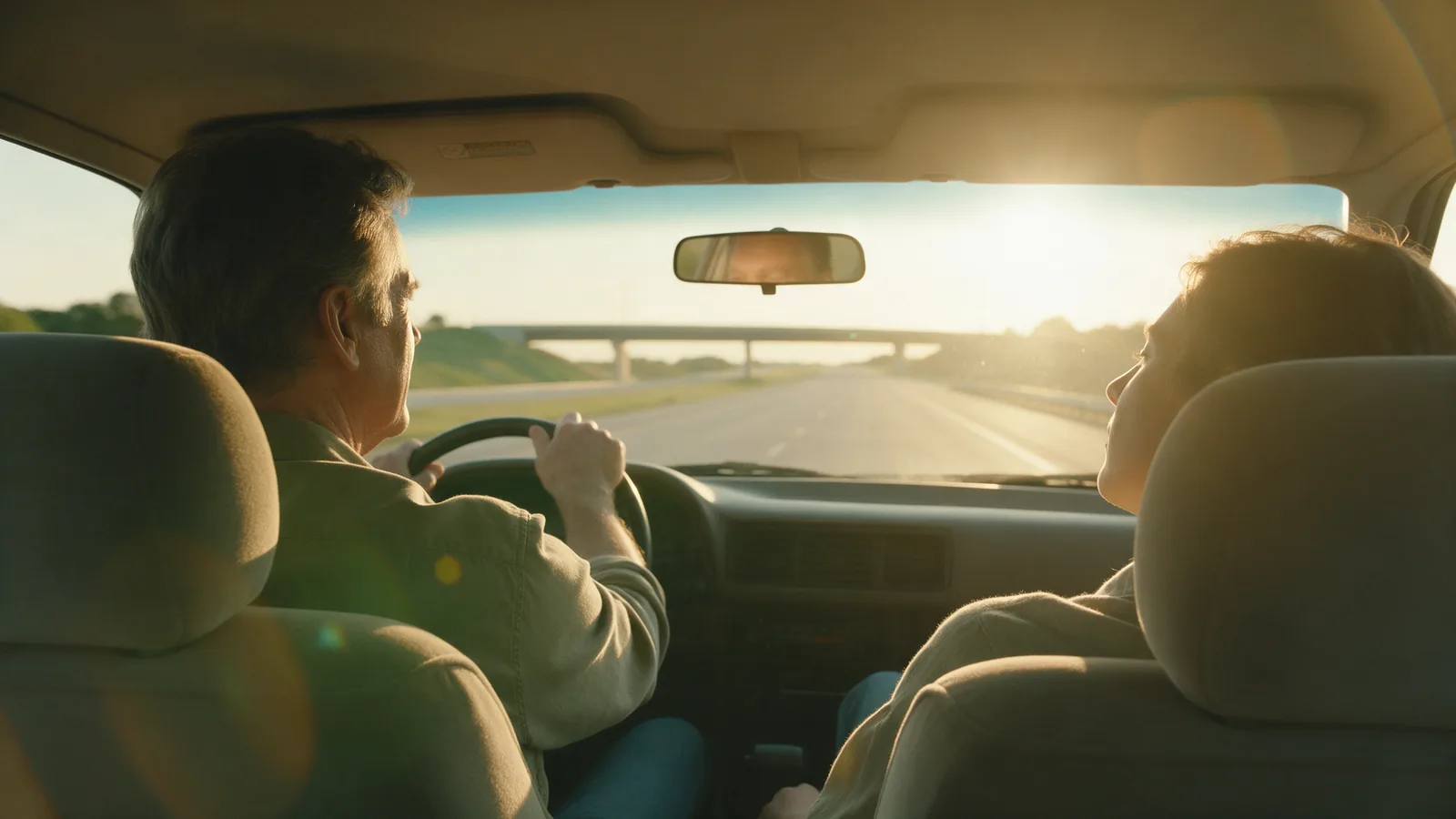 A man drives on a sunlit highway while his passenger rests against the window